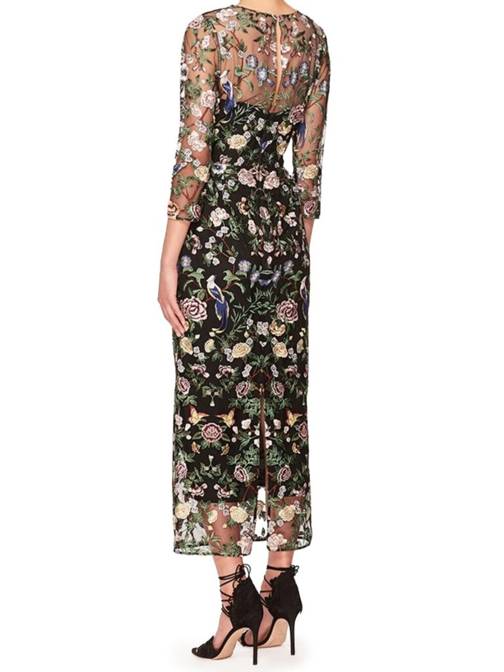 Marchesa Notte Botanical Embroidered Tulle Midi Cocktail Dress Black Size 2 - Picture 2 of 6